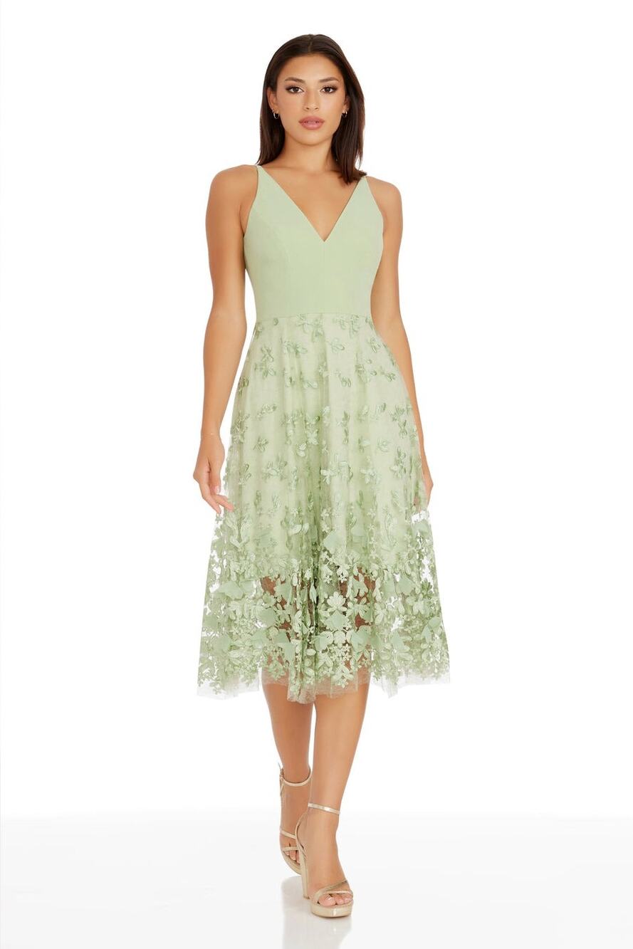 NWT Dress the Population Sage 'Darleen' 3-D Floral A-Line Dress Size Small